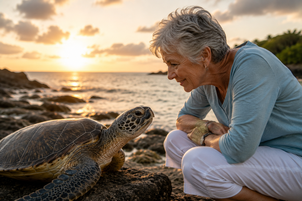 "What a Turtle Knows About Growing Older" Older adult with a turtle